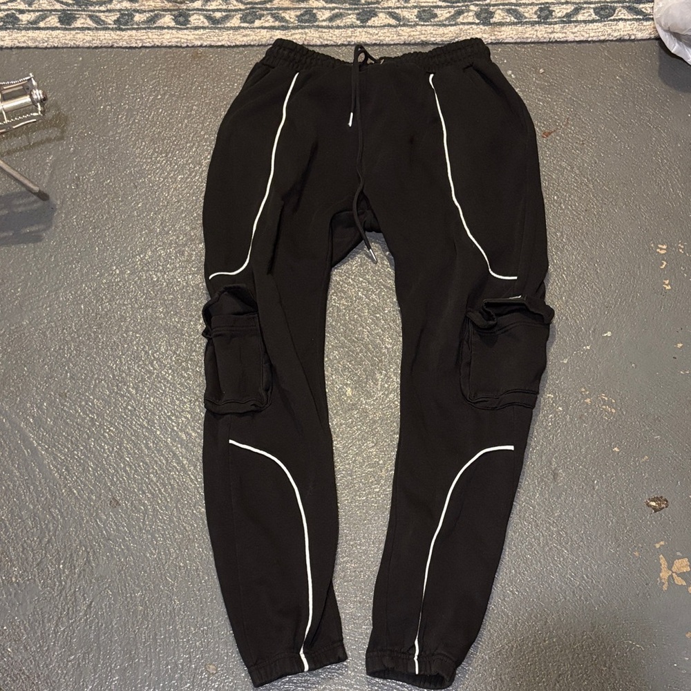 Boohooman Men's Black Cargo Pants with White Detailing